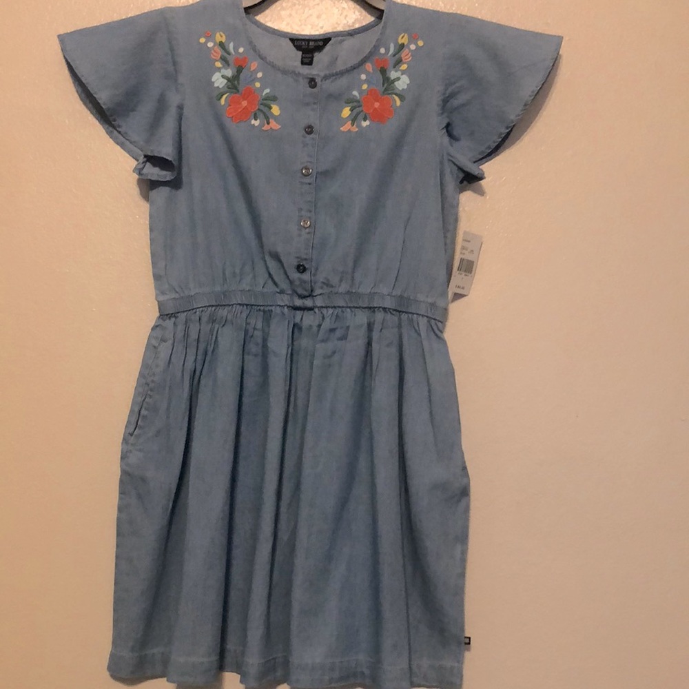 Lucky Brand Blue Mini Dress with Floral Embroidery